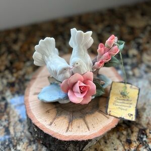 Vintage Porcelain Capodimonte White Doves with Pink Roses Figurine